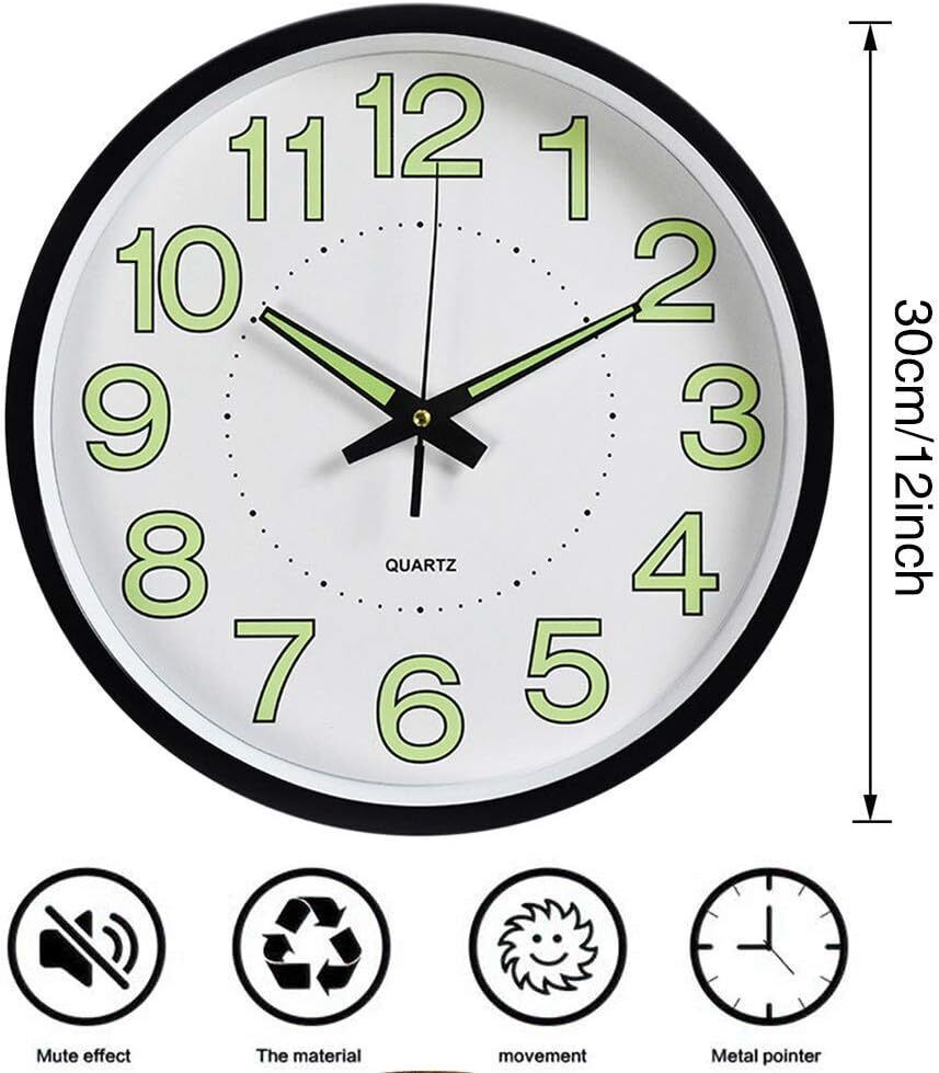 12'' Wall Clock Large Quartz Silent Luminous Glow In The Dark Indoor Home Office